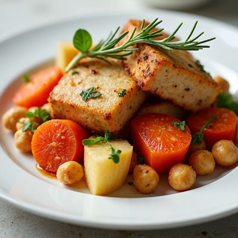 Crispy Herbed Tofu Steaks with Roasted Root Vegetables