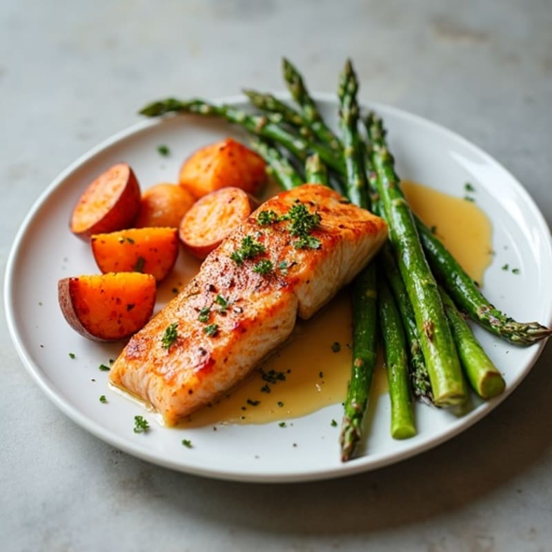 Seared Salmon Fillet with Roasted Sweet Potatoes and Asparagus