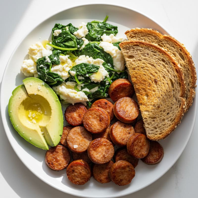 Crispy Turkey Sausage and Egg White Scramble with Spinach