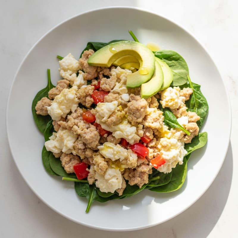 Egg White and Turkey Scramble with Steamed Spinach