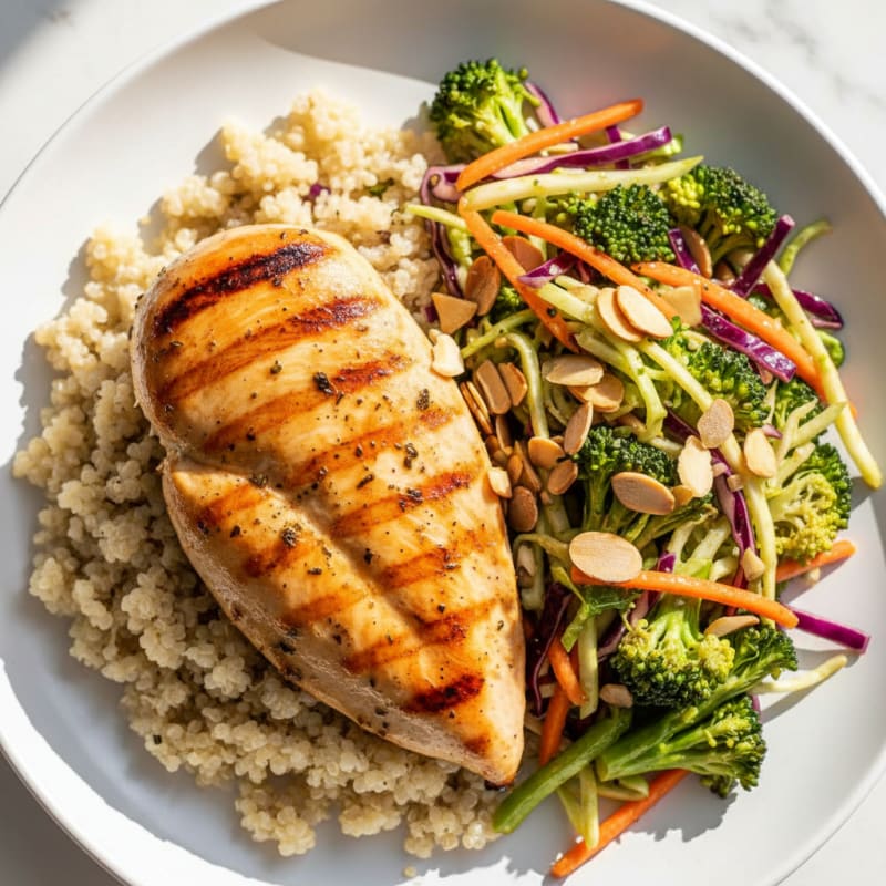 Grilled Chicken Breast with Quinoa and Crunchy Broccoli Slaw
