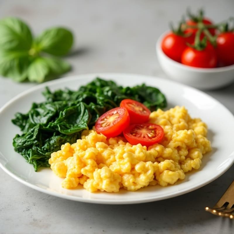 Creamy Scrambled Eggs with Sautéed Spinach and Cherry Tomatoes