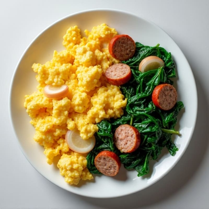 Egg White Scramble with Turkey Sausage and Sautéed Spinach