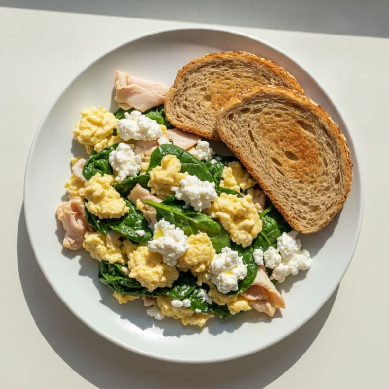 Egg White Spinach Scramble with Cottage Cheese and Sliced Turkey