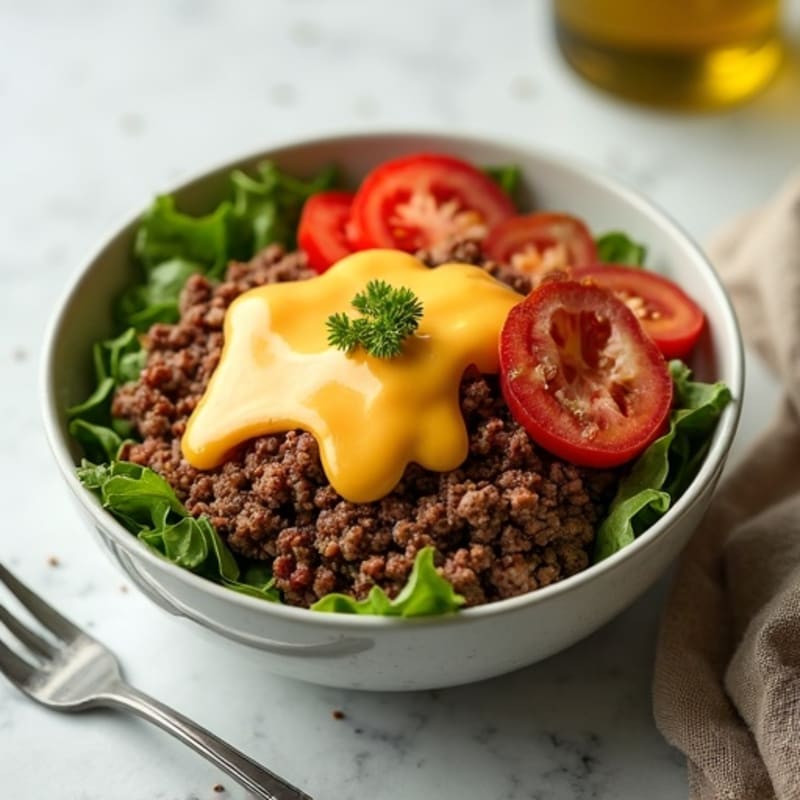 Lean Ground Beef Burger Bowl with Crispy Turkey Bacon and Cheesy Sauce