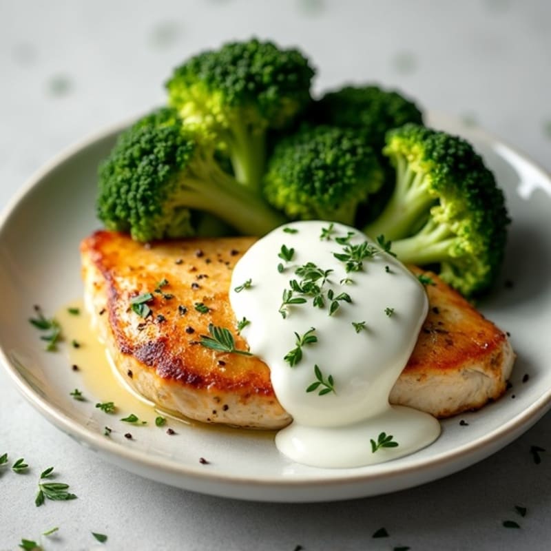 Lemon-Herb Chicken with Creamy Greek Yogurt Sauce and Roasted Broccoli