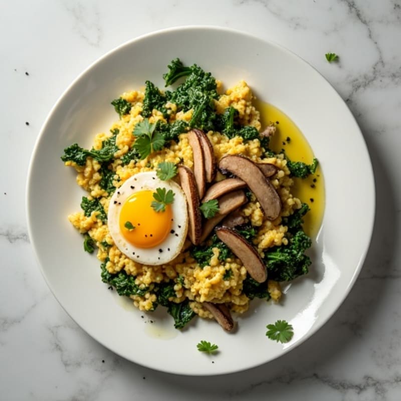 Egg White and Spinach Scramble with Sautéed Mushrooms & a Hint of Steak