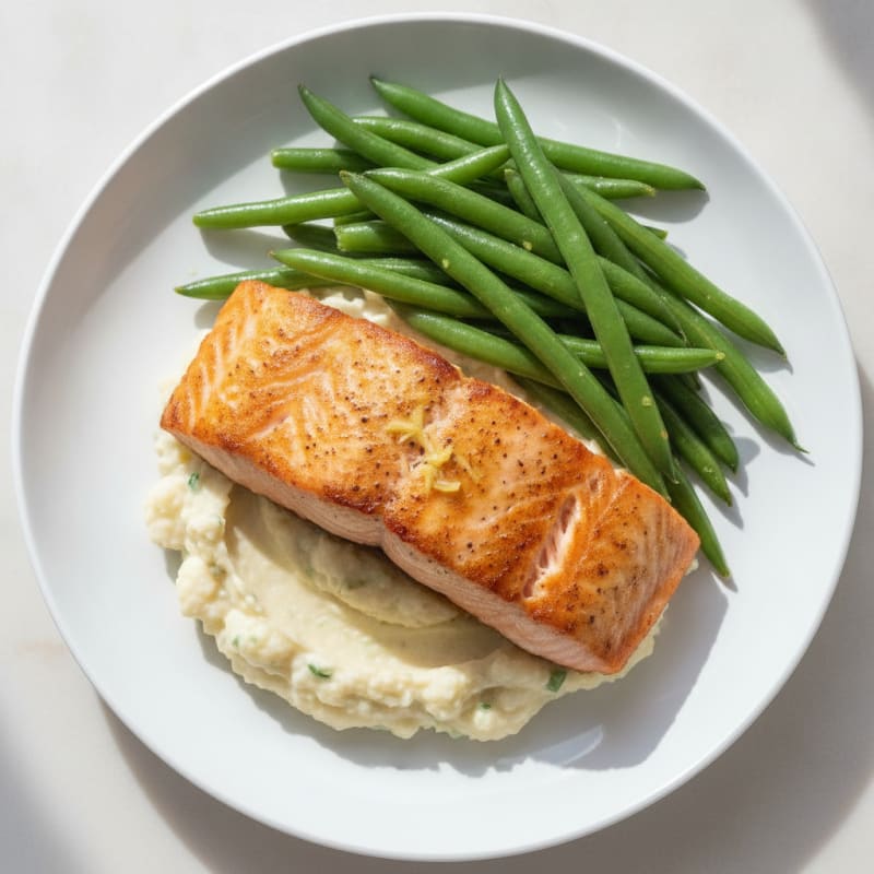 Seared Salmon with Steamed Green Beans and Garlic Cauliflower Mash
