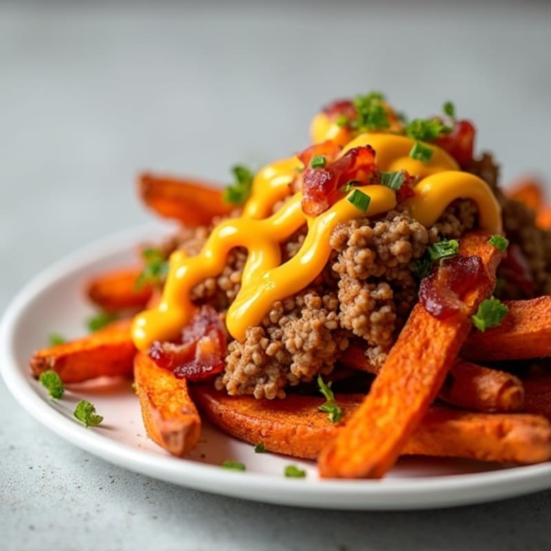 Crispy Sweet Potato Fries with Lean Ground Turkey, Smoky Bacon, and Cheesy Drizzle