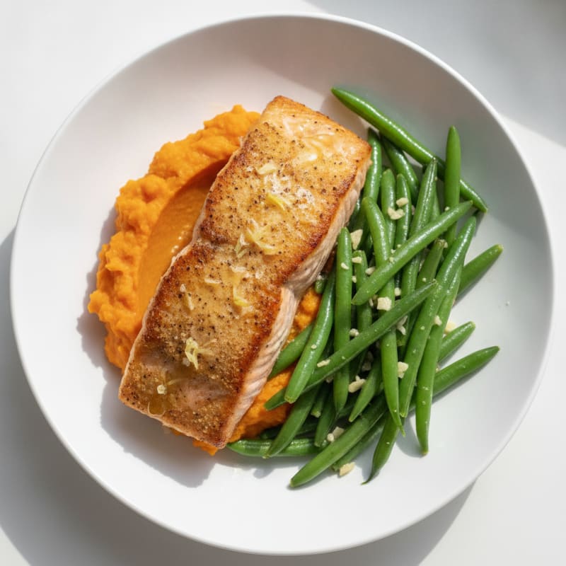 Seared Salmon with Garlic Green Beans and Sweet Potato Mash