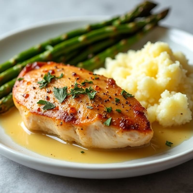 Pan-Seared Chicken with Creamy Garlic Mashed Potatoes and Crispy Roasted Asparagus