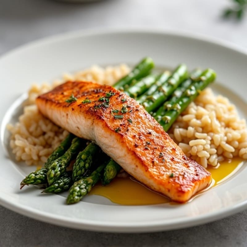 Seared Salmon with Steamed Asparagus and Brown Rice