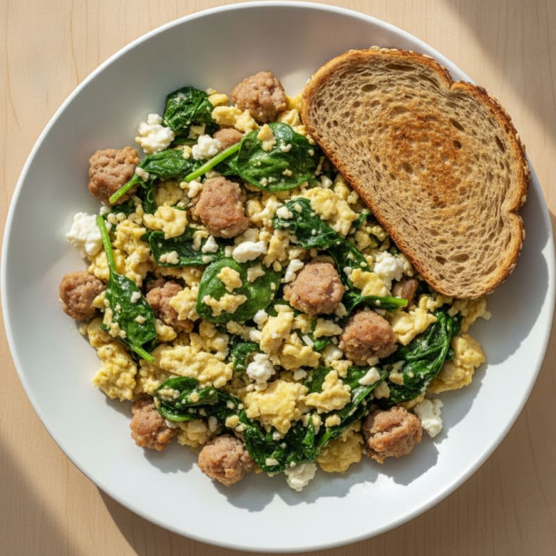 Egg White and Turkey Sausage Scramble with Spinach and Feta