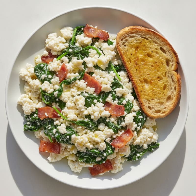 Cottage Cheese and Egg White Scramble with Spinach and Turkey Bacon