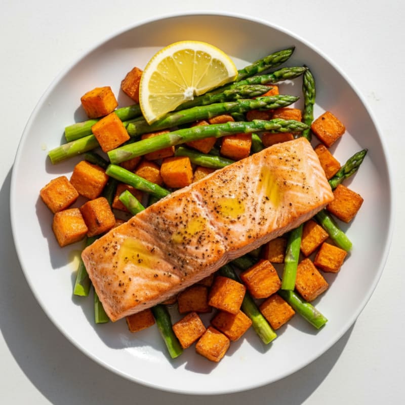 Seared Salmon with Roasted Sweet Potatoes and Asparagus
