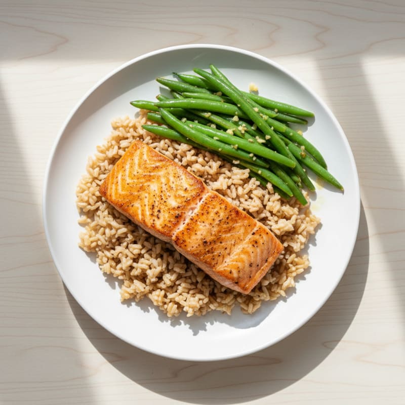 Seared Salmon Fillet with Garlic Green Beans and Brown Rice