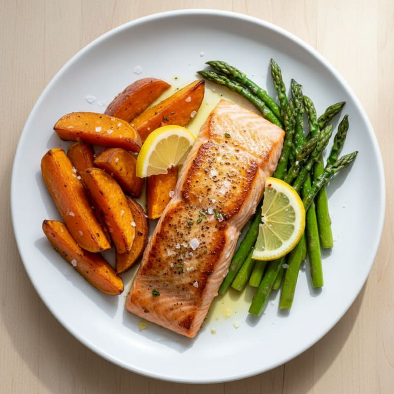 Seared Salmon with Roasted Sweet Potatoes and Asparagus