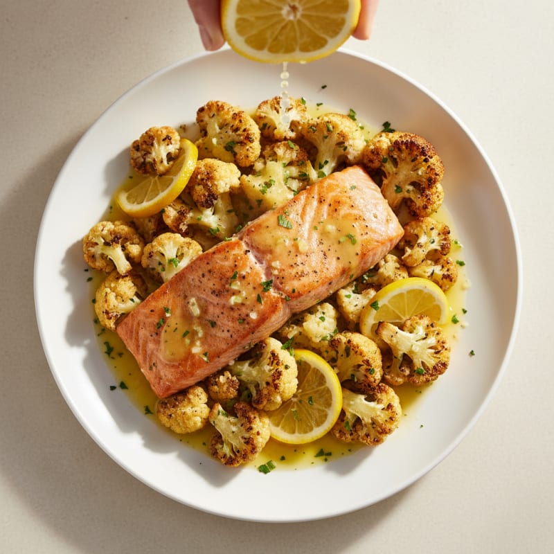 Seared Salmon Fillet with Roasted Cauliflower and Lemon