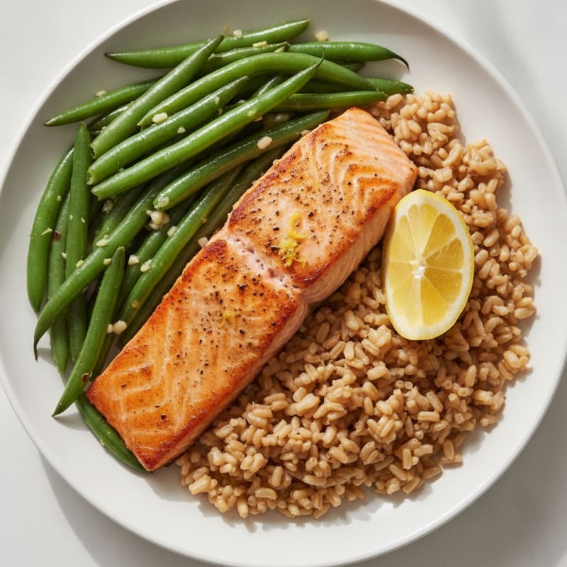 Seared Salmon with Garlic Green Beans and Brown Rice