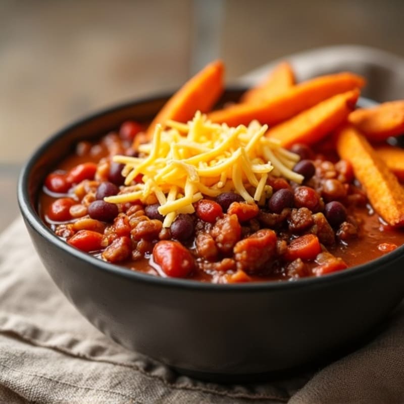 Hearty Lean Turkey Chili Bowl with Crispy Sweet Potato Fries and Sharp Cheddar