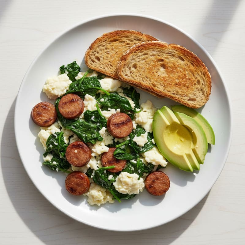 Egg White and Spinach Scramble with Turkey Sausage