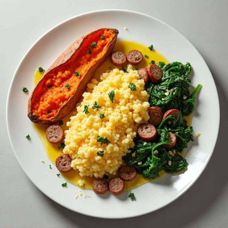 Egg White and Turkey Sausage Scramble with Spinach and Roasted Sweet Potato