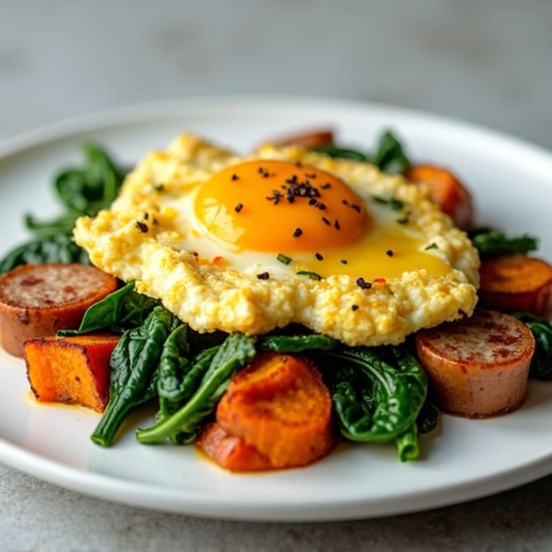 Egg White and Turkey Sausage Scramble with Spinach and Roasted Sweet Potato