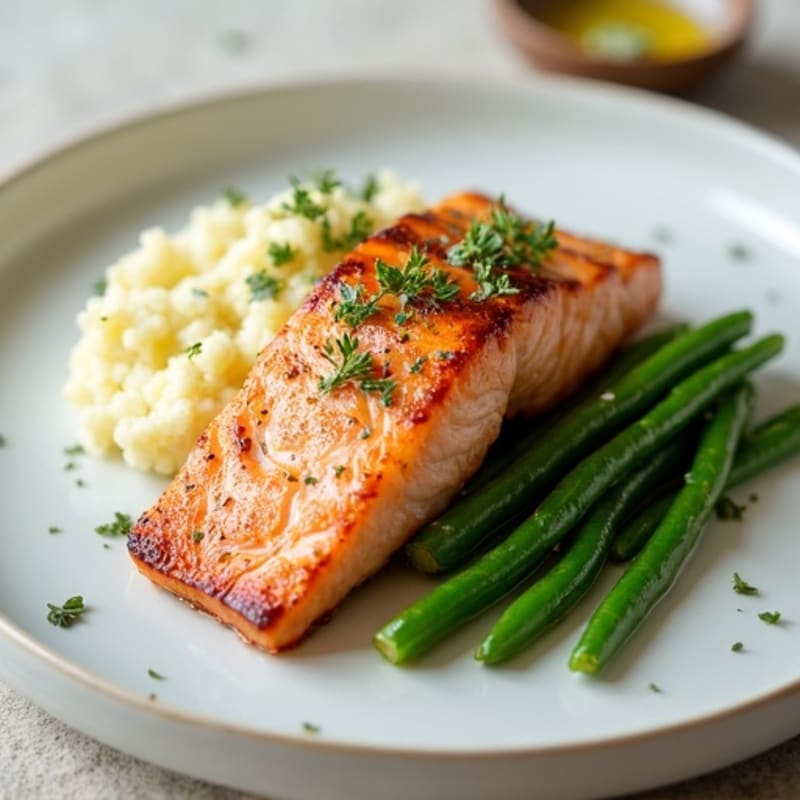 Seared Salmon with Garlic Green Beans and Cauliflower Mash