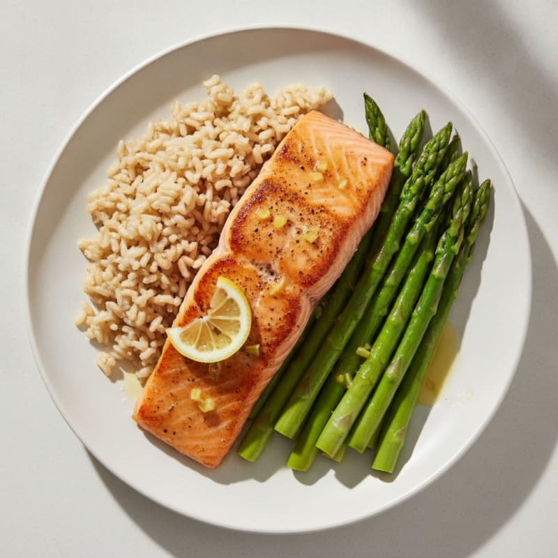 Seared Salmon Fillet with Steamed Asparagus and Brown Rice