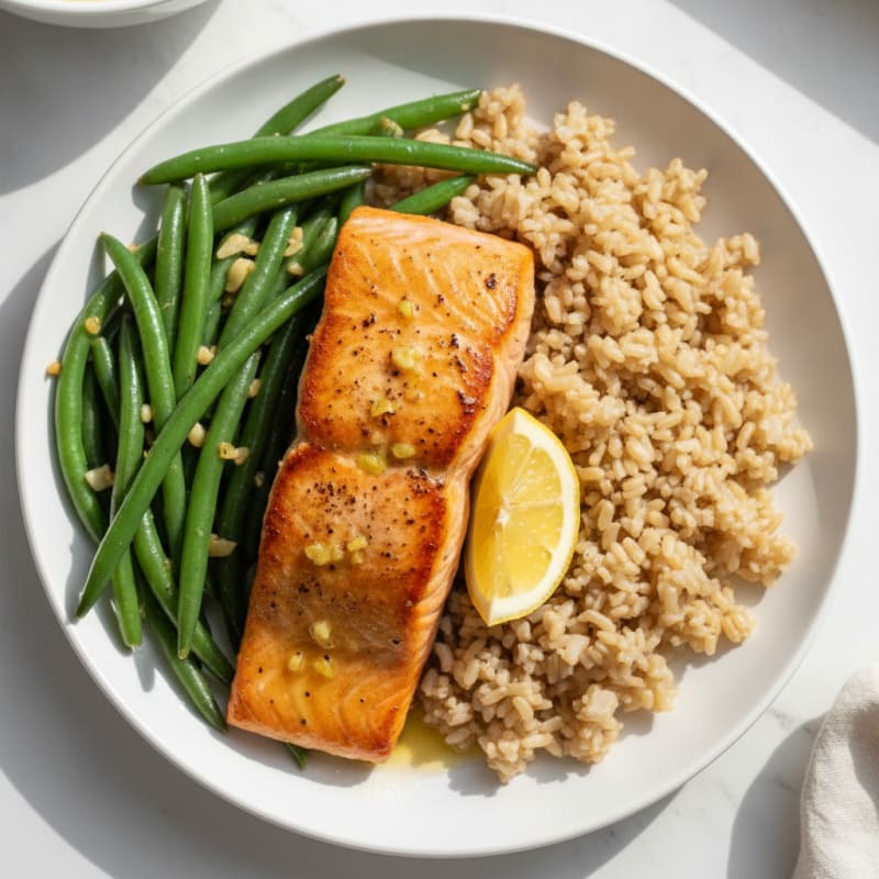 Seared Salmon with Garlic Green Beans and Brown Rice