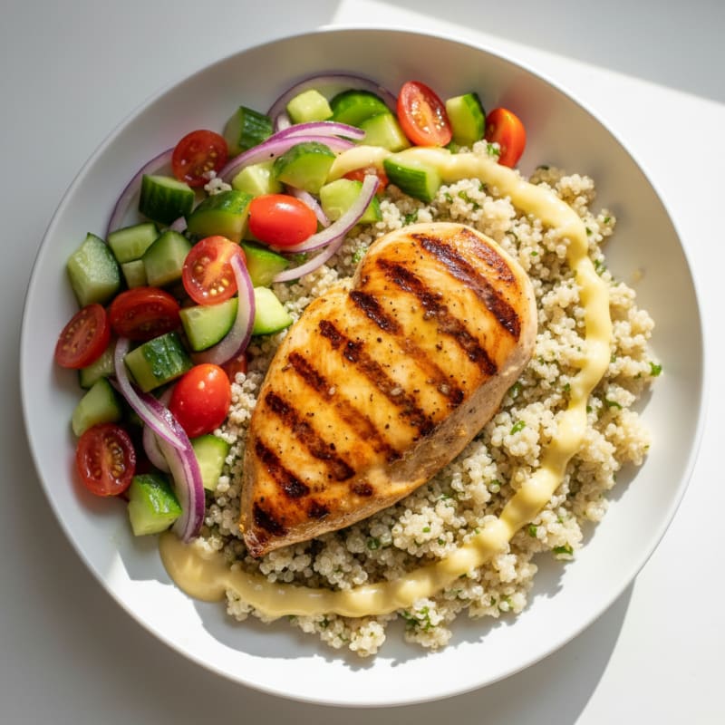 Grilled Chicken Breast with Quinoa and Crunchy Cucumber Tomato Salad