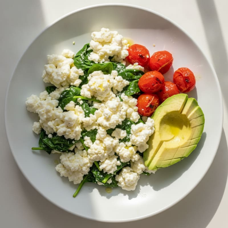 Egg White and Spinach Scramble with Cottage Cheese and Cherry Tomatoes