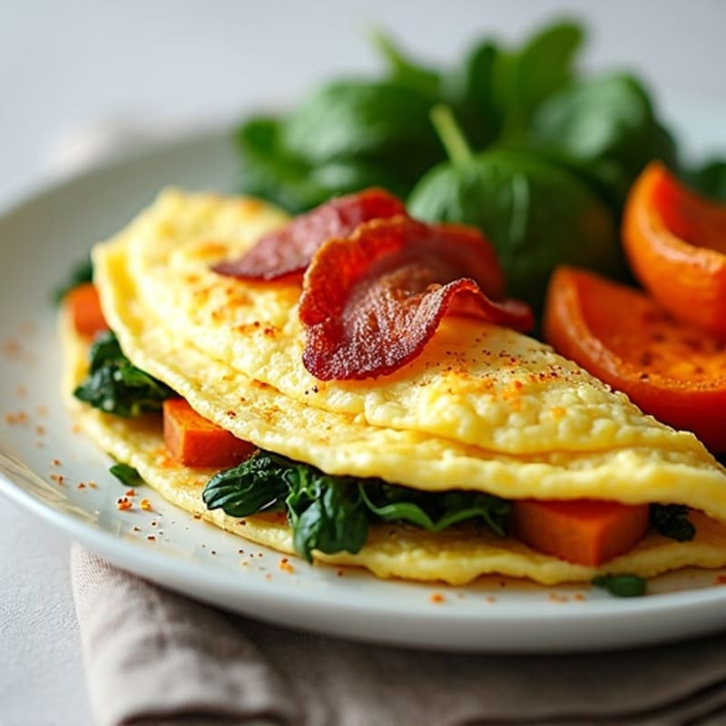Crispy Turkey Bacon and Spinach Egg White Omelette with Roasted Sweet Potatoes