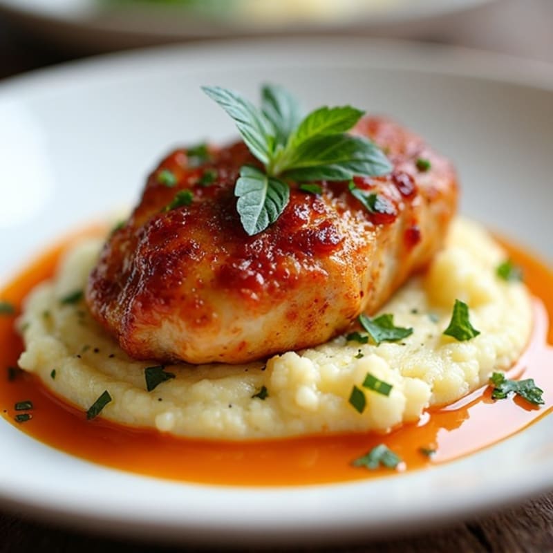 Harissa Glazed Crispy Chicken Thighs with Creamy Cauliflower Mash