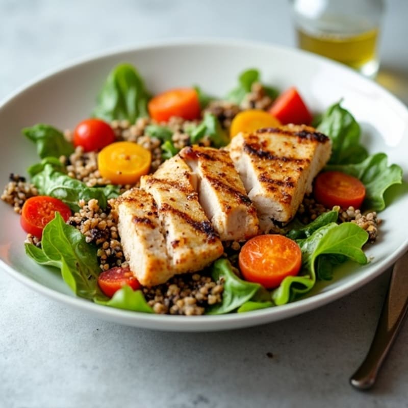 Grilled Chicken and Leafy Greens Salad with Quinoa and Roasted Veggies