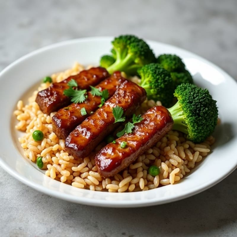 Crispy Garlic Ginger Beef with Stir-fried Broccoli and Brown Rice