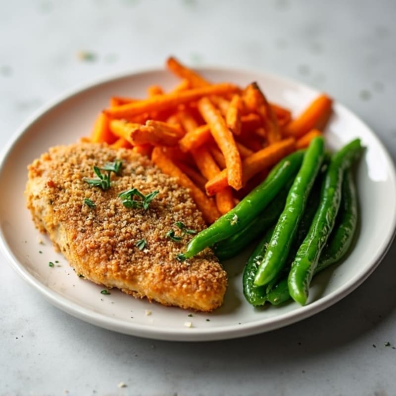 Crispy Baked Sweet Potato Fries with Herb-Crusted Chicken and Fresh Green Beans