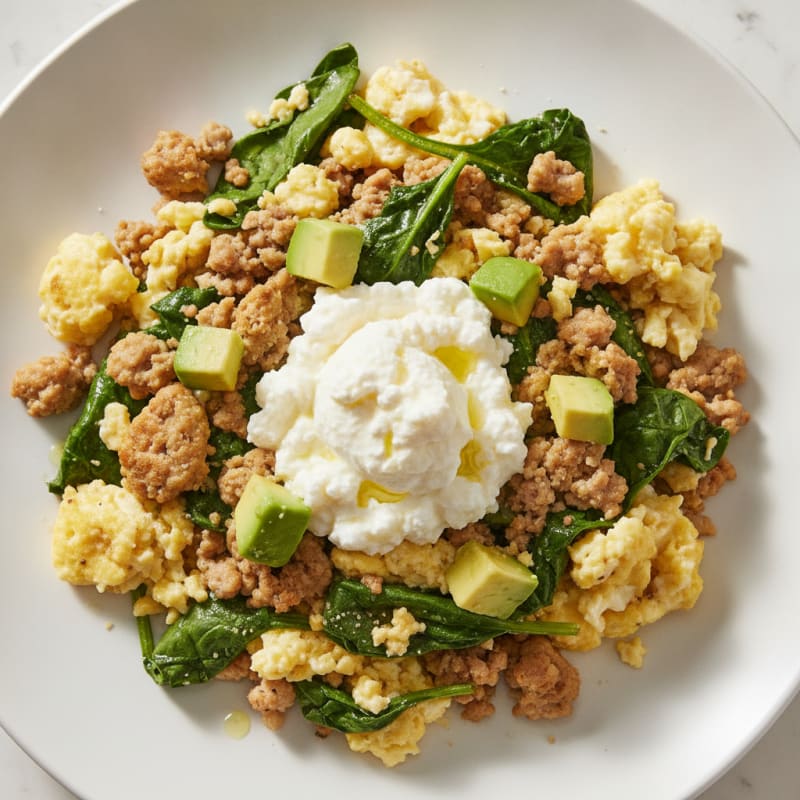 Egg White and Turkey Spinach Scramble with Cottage Cheese