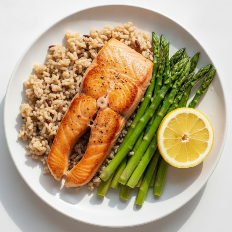 Seared Salmon with Steamed Asparagus and Brown Rice