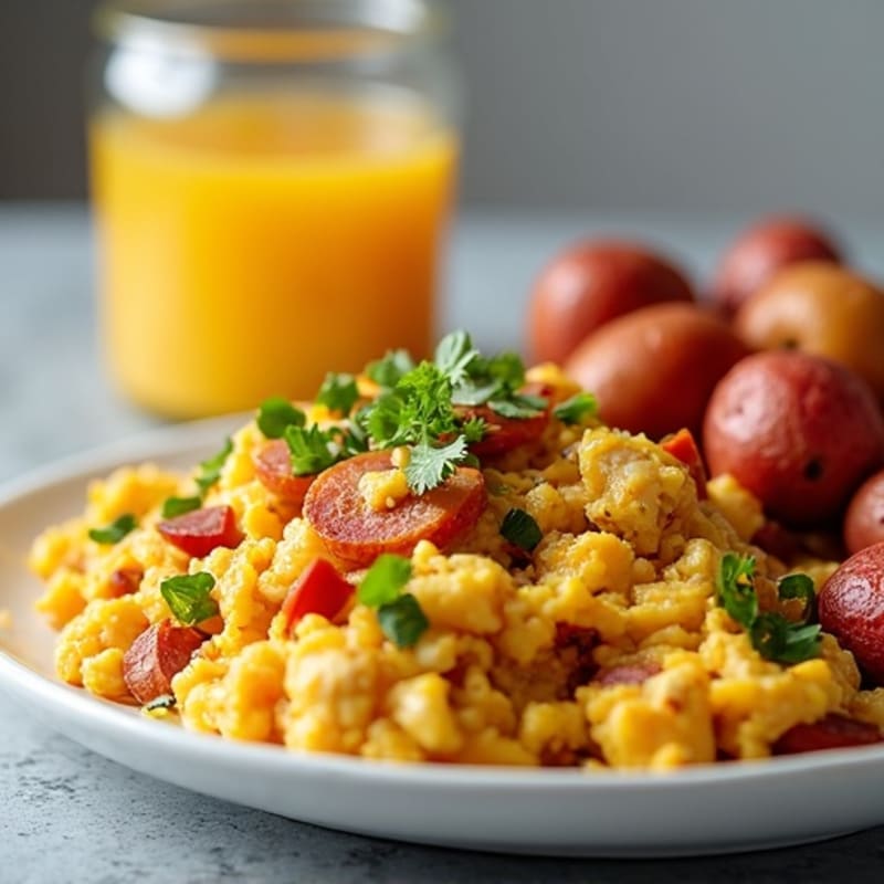 Egg and Turkey Bacon Scramble with Roasted Red Potatoes