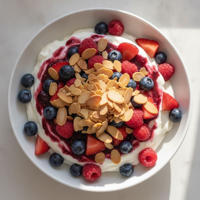 Greek Yogurt Protein Parfait with Mixed Berries and Almonds
