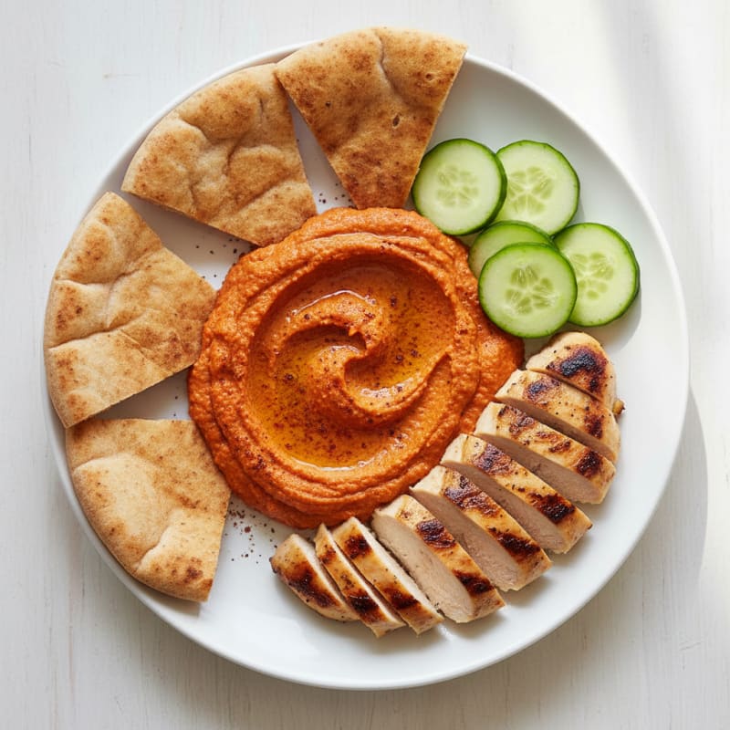 Roasted Red Pepper Hummus with Grilled Chicken and Toasted Pita