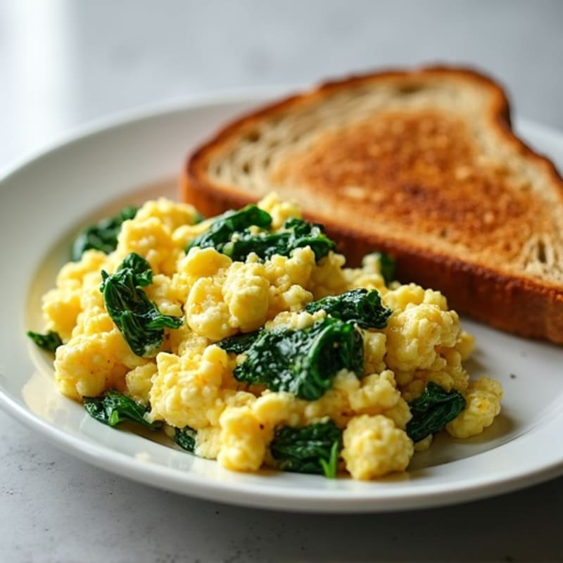 Scrambled Eggs with Cottage Cheese and Sautéed Spinach
