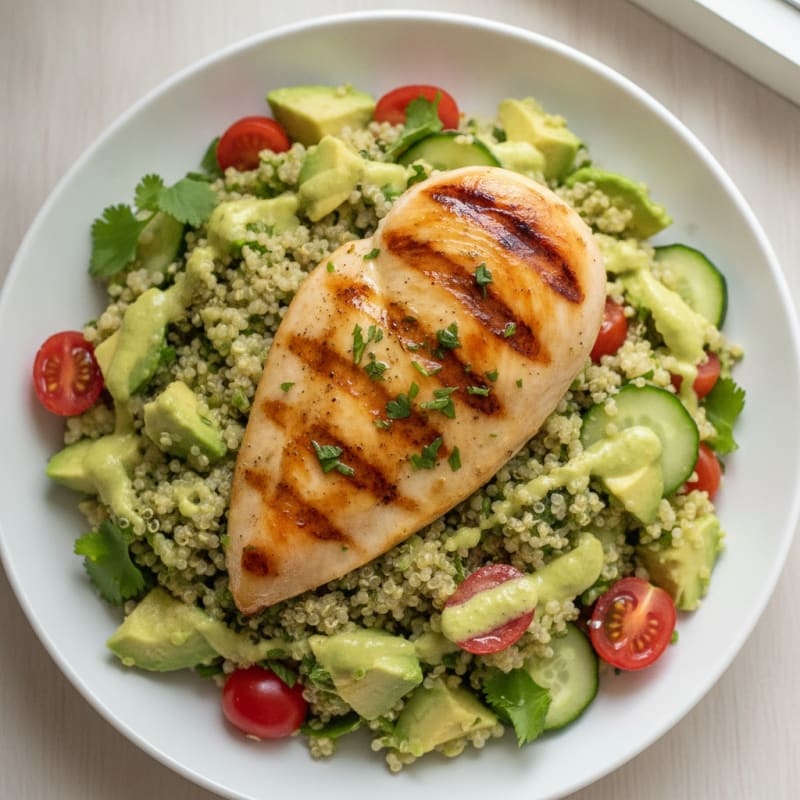 Grilled Chicken Breast with Creamy Avocado Quinoa Salad