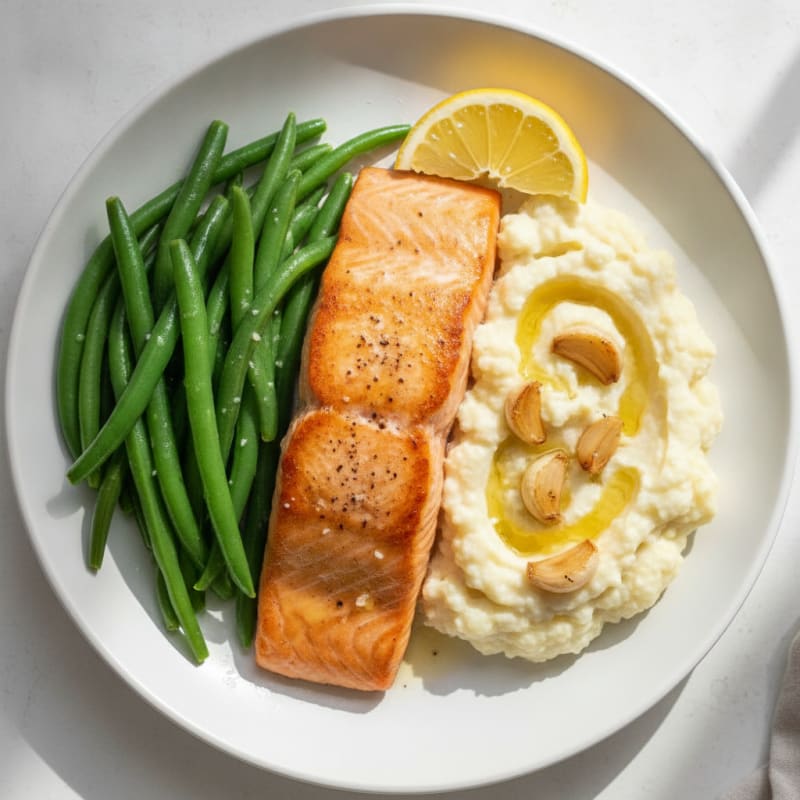 Seared Salmon with Steamed Green Beans and Garlic Mashed Cauliflower