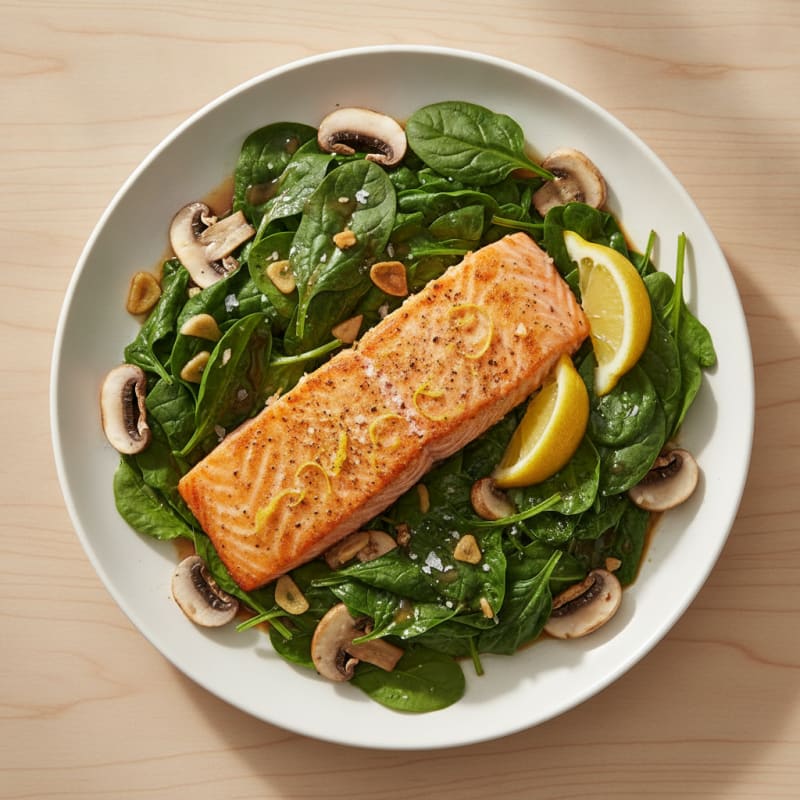 Air-Fried Salmon, Spinach, and Mushroom Bowl
