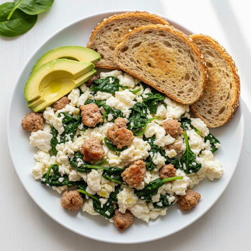 Egg White Scramble with Turkey Sausage and Sautéed Spinach