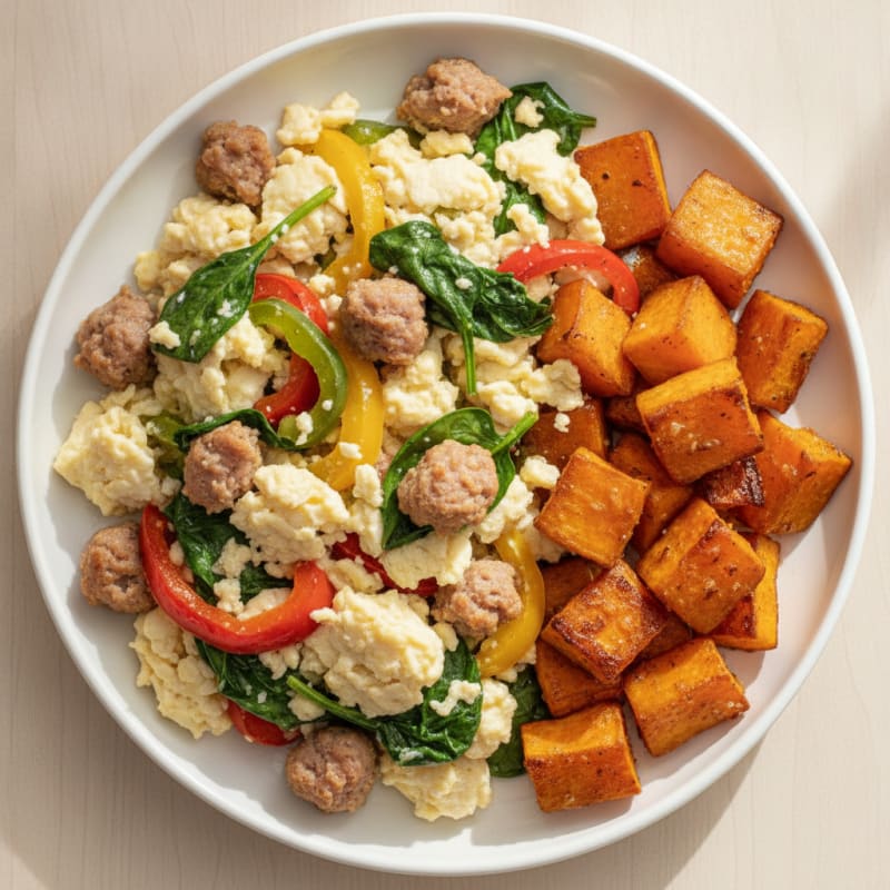 Egg White Scramble with Turkey Sausage and Roasted Sweet Potato