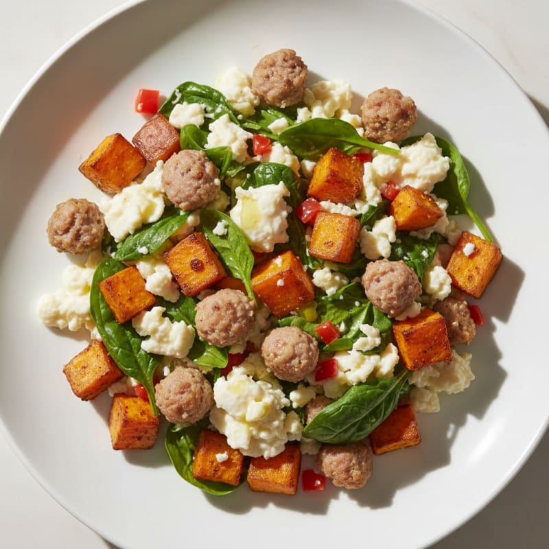 Egg White and Turkey Sausage Scramble with Roasted Sweet Potatoes