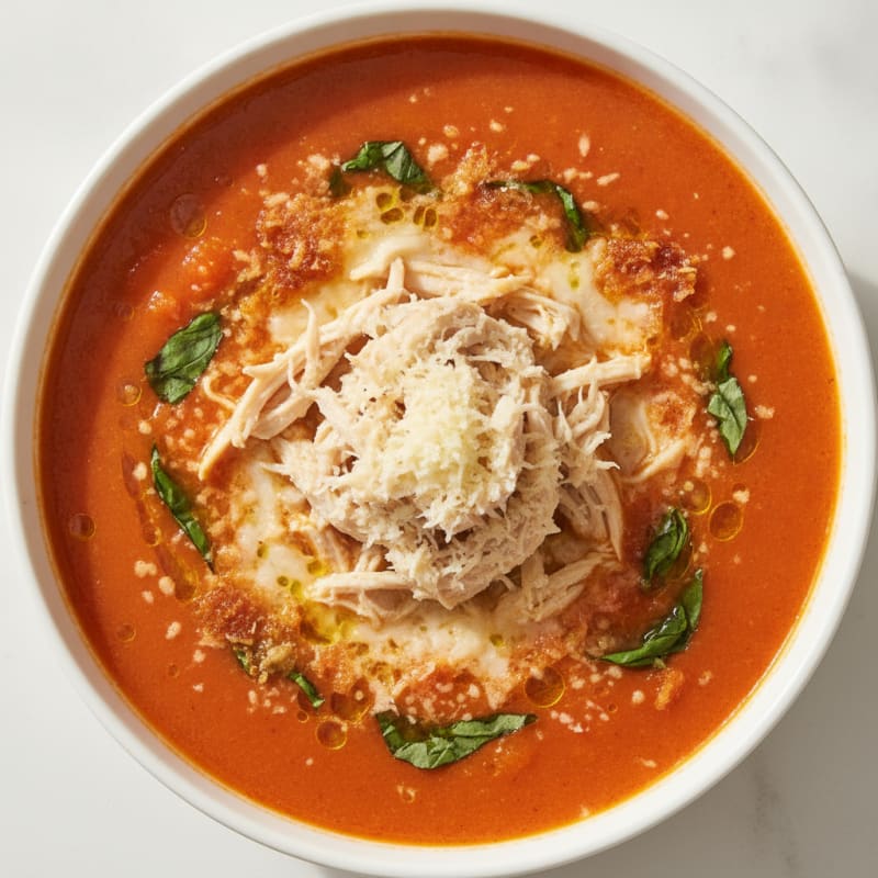 Roasted Tomato Basil Soup with Parmesan and Shredded Chicken